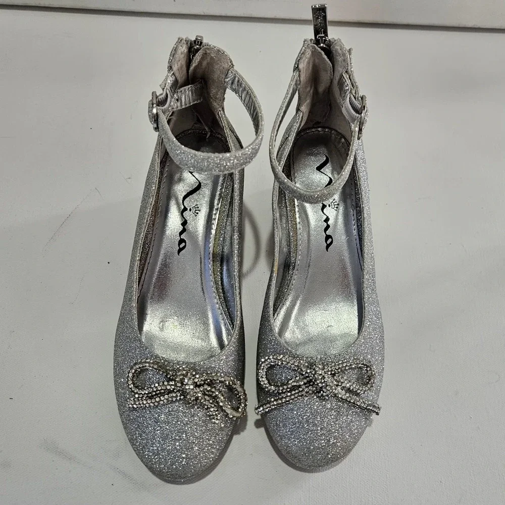 Nina Dress Shoes Girls 2M Silver Glitter Rhinestone Bow Block Heel Special Event